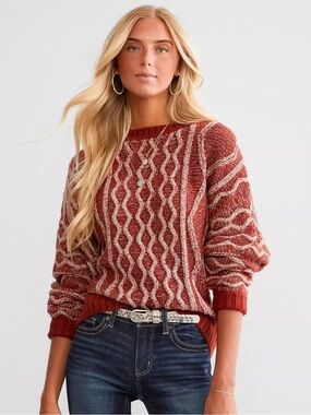 BKE Rust Orange Cable Knit Oversized Crewneck Sweater Size Large Fall Cozy
